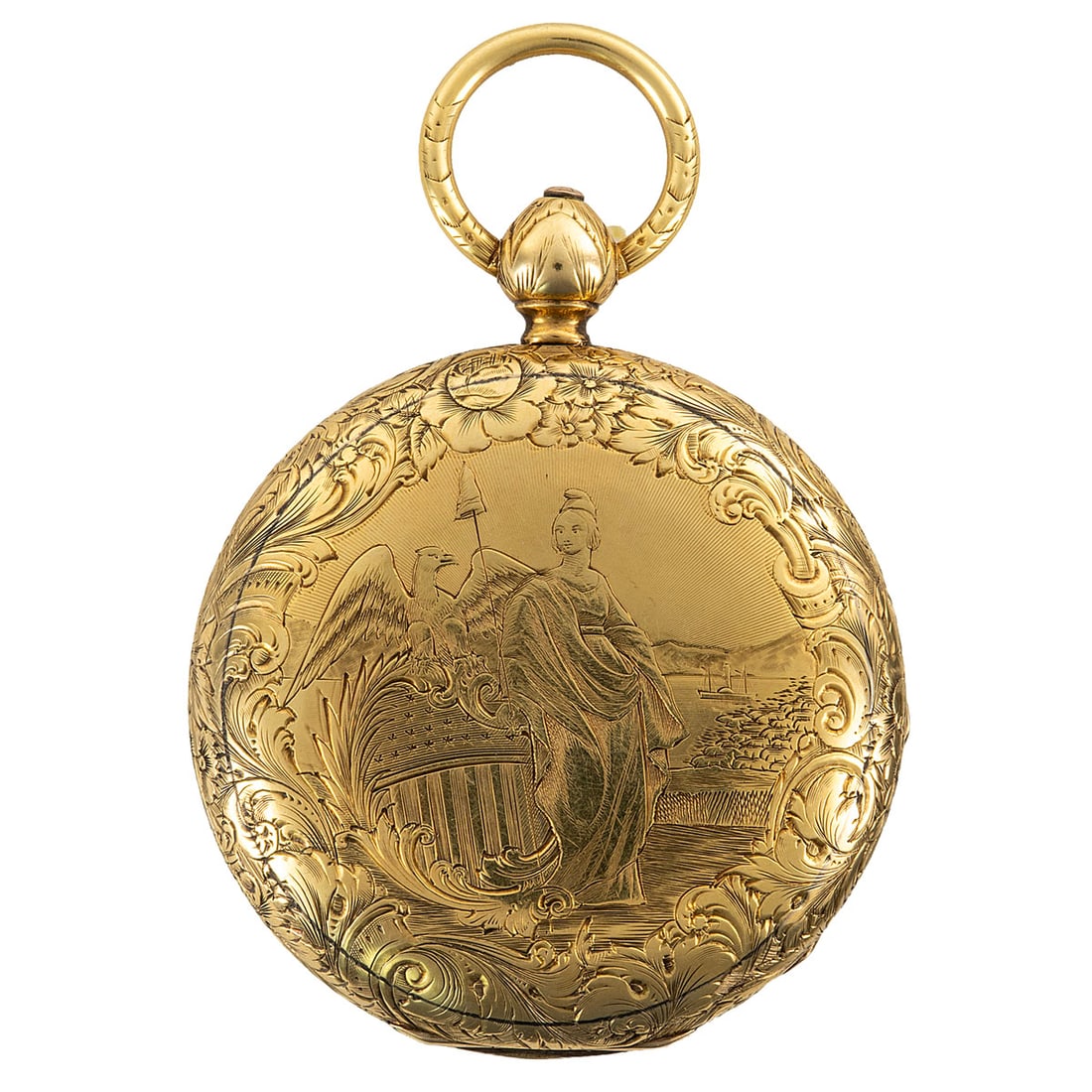 18K Gold T.F. Cooper London Pocket Watch, Serial No. 26454: 18K yellow gold pocket watch stamped "T.F. Cooper 19 Calthorpe Street Grays Inn Road London" on the mechanism. The front cover is deeply engraved with allegorical imagery adapted from the Great Seal