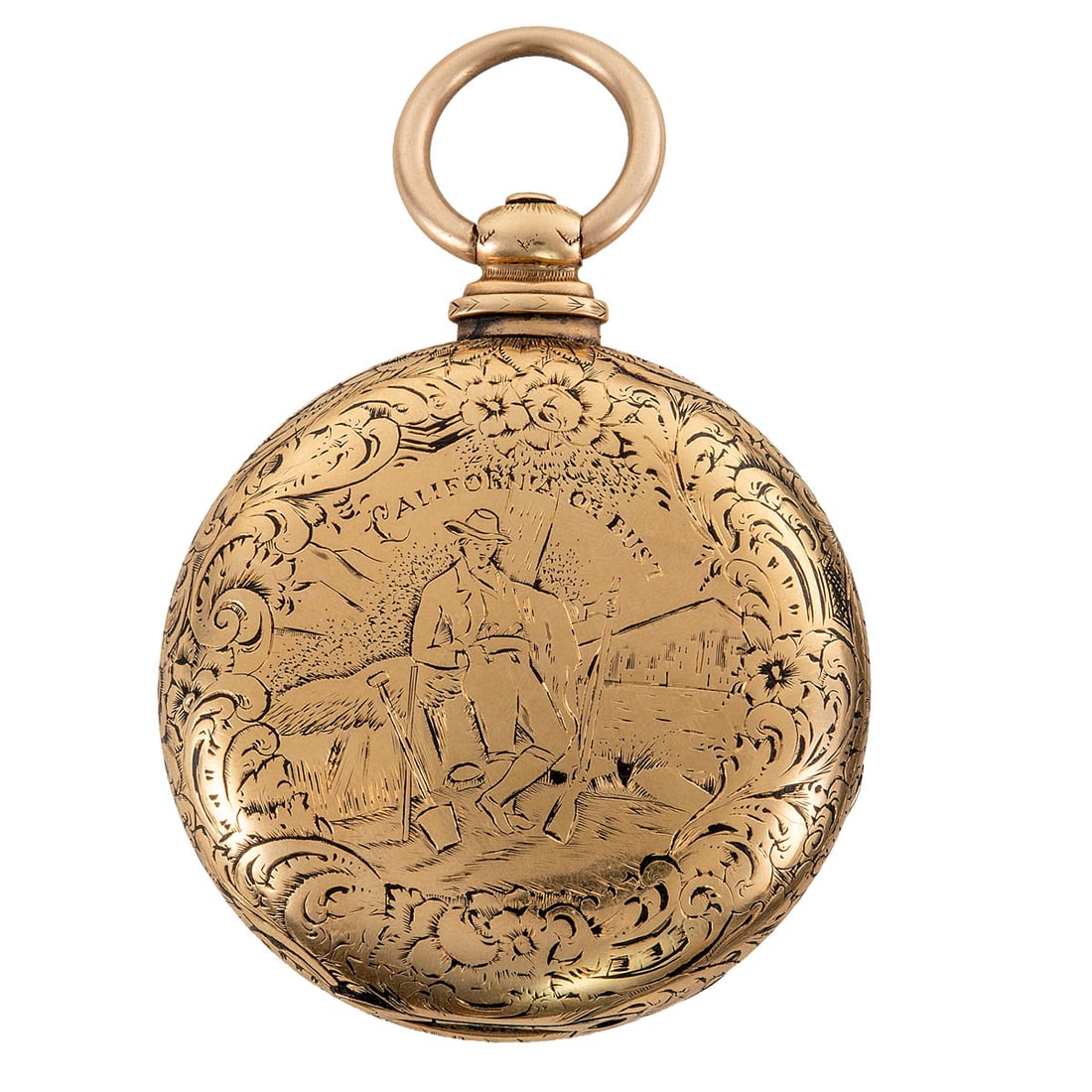 18K Gold Robert Barwise "California Gold Rush" Pocket Watch with Railroad Dial: Total weight: 131.4 grams. Stamped 18K yellow gold pocket watch, featuring both sides of the case engraved with California Gold Rush iconography. One cover depicts a miner with pickaxe and sluice