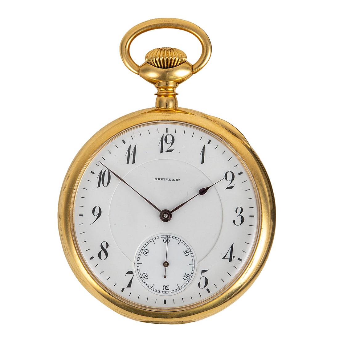 18K Gold Shreve & Co. San Francisco Pocket Watch Presented by Pelton Water Wheel Co.: Weight: 91.8 grams. An 18K yellow gold open-face pocket watch by Shreve & Co., San Francisco's foremost luxury jeweler of the era, housed in a solid gold case with engraved presentation from the