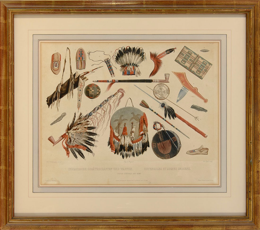 Karl Bodmer (Swiss, 1809-1893), Indianische Gerthschaften und Waffen / Indian Utensils and Arms,: Hand-colored aquatint engraving on woven paper, from Reise in das Innere Nord-America in den Jahren 1832 bis 1834 (Voyage in the Interior of North America), Tab. 46. Published by Ackermann & Co., Lond