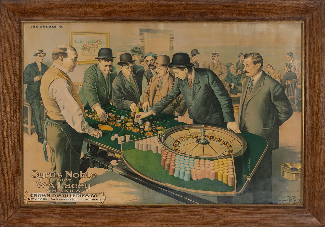 Cyrus Noble and W.A. Lacey Whiskies Advertising Chromolithograph - "The Double 'O'", 1910: A saloon-themed advertising chromolithograph promoting Cyrus Noble and W.A. Lacey whiskies, distributed by Crown Distilleries Co. of New York, San Francisco, and Cincinnati. Titled The Double "O", the