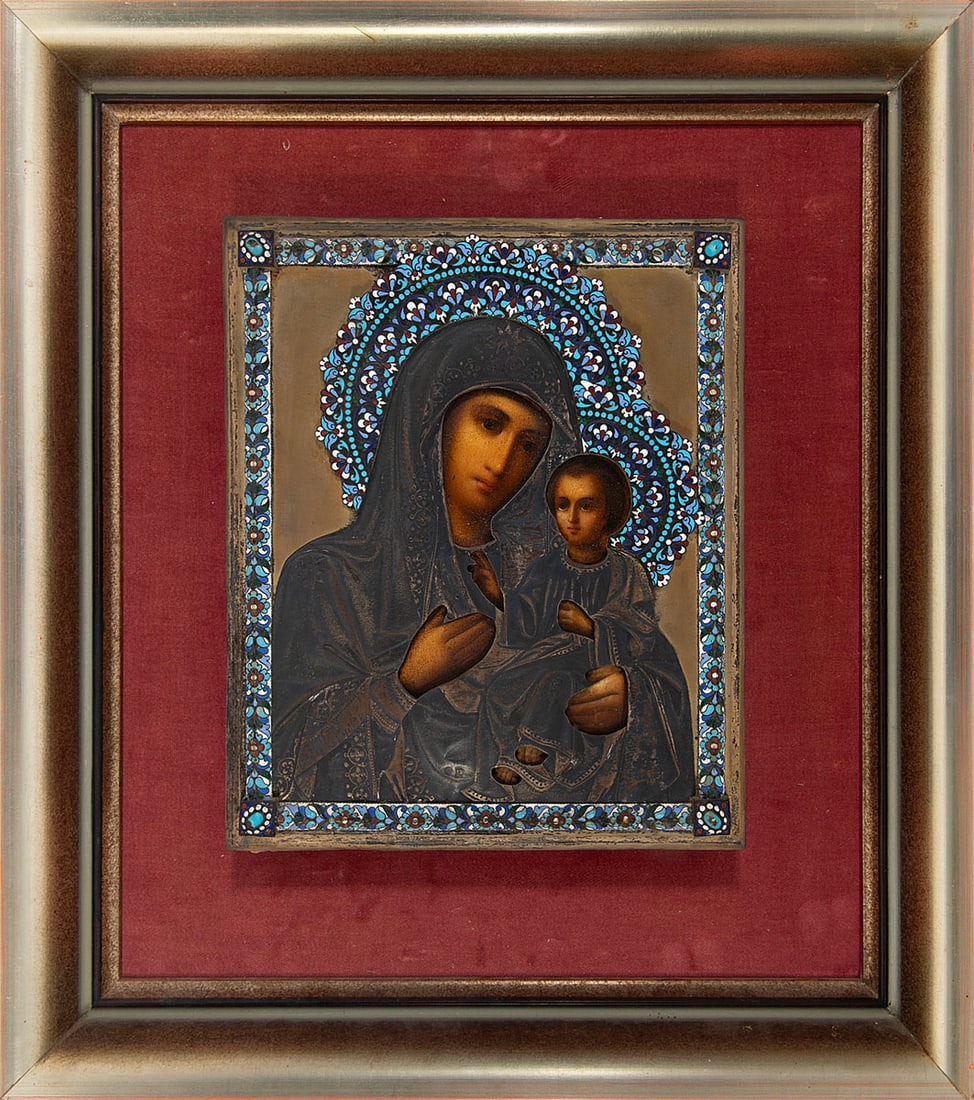 The Mother of God of Kazan, Russian Icon with Champleve Enamel Oklad, ca. Late 19th Century (1 of 5)