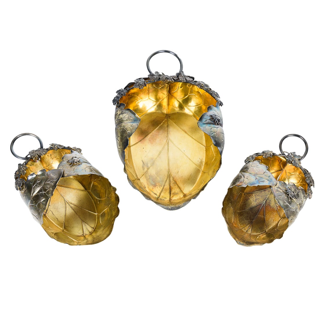 Schulz & Fischer (San Francisco, c. 1873-1888), Three Sterling Aesthetic Movement Servers: Weight: 29 Troy Ounces. A rare matched set of Schulz & Fischer sterling silver serving dishes, each in the form of an overlapping grape leaf with naturalistic veining, beetle ornamentation, and ring h