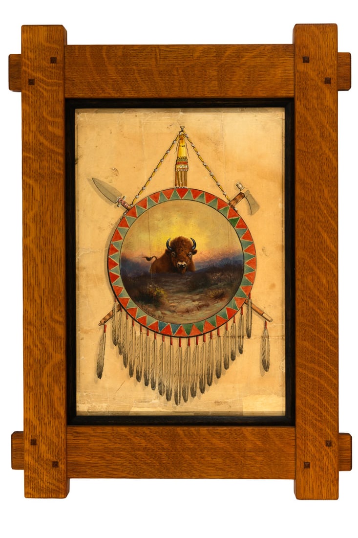 A.D.M. Cooper (1856-1924) Painting "Native Shield Motif with Buffalo," 1895: A mixed media painting on paper by California Western artist A.D.M. Cooper, depicting a lone buffalo emerging from the plains at dusk, encircled by a painted ceremonial shield with triangular motifs,