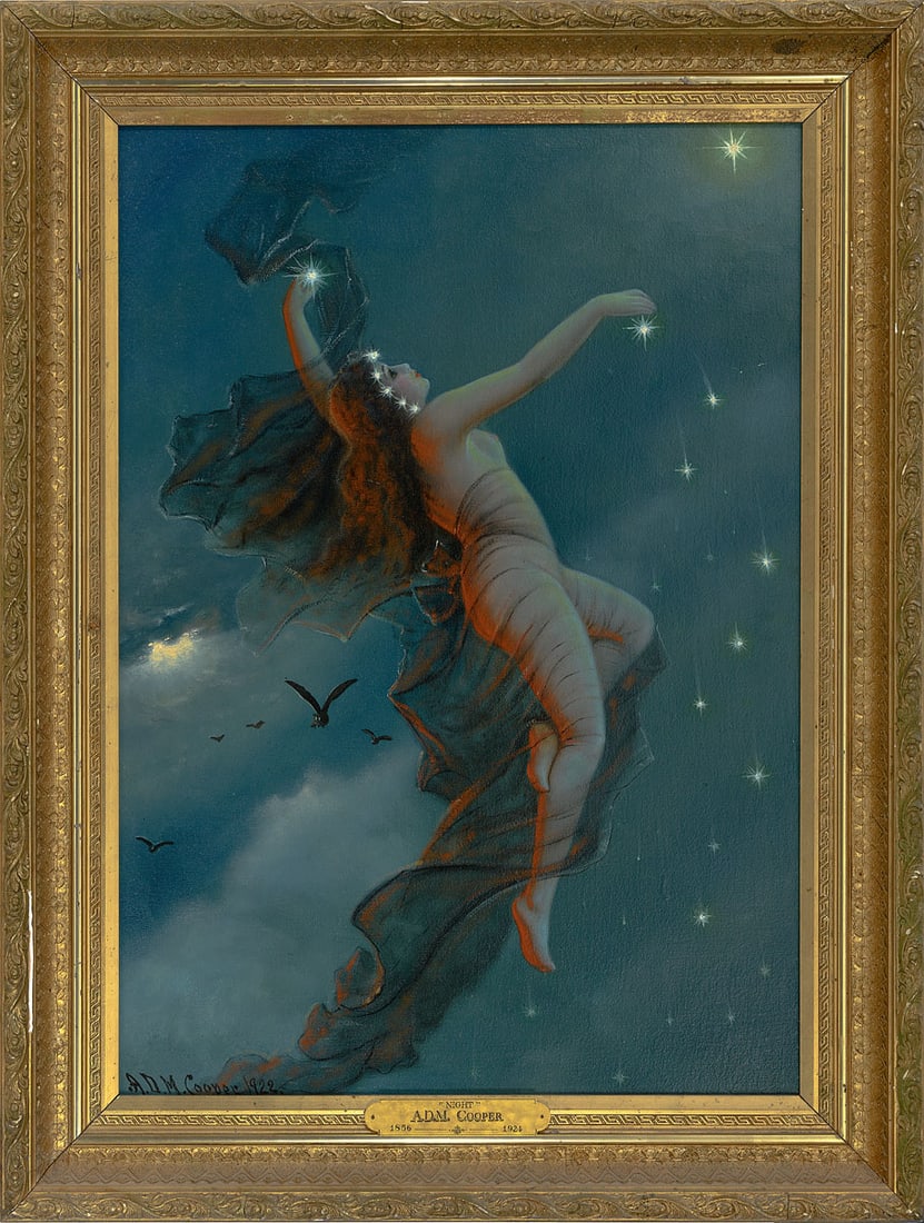 A.D.M. Cooper (1856-1924), "Celestial Vision" (Night), 1922: Oil on canvas, signed and dated lower left "A.D.M. Cooper, 1922". A nocturnal pendant to its preceding companion piece, this allegorical painting portrays a winged female figure clad in flowing draper