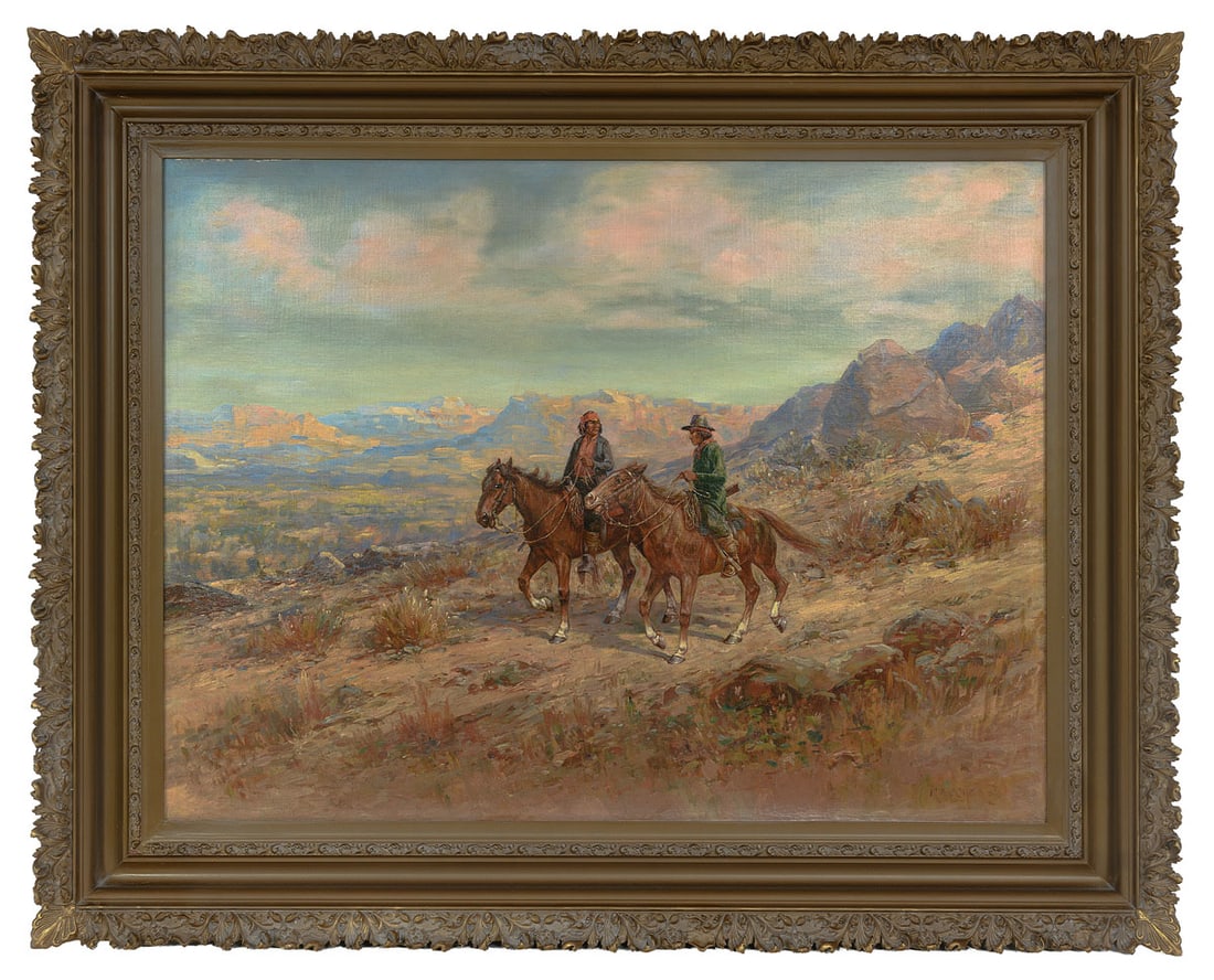 Henry Raschen (1854-1937), "Two Riders in a Southwestern Landscape": Oil on canvas depicting two mounted figures on horseback against a rugged Southwestern backdrop, rendered with Raschen's characteristic attention to detail in both figures and the desert landscape. Si