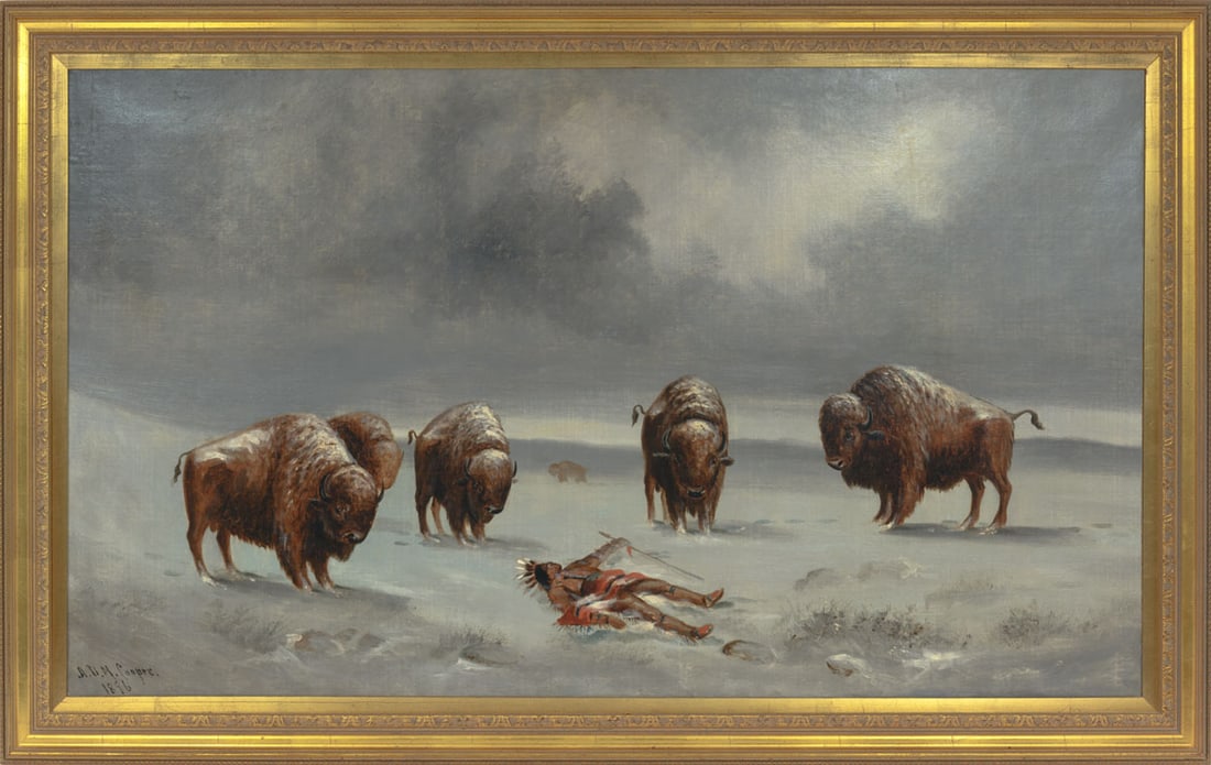 A.D.M. Cooper (1856-1924), "Inquest on the Plains," 1896: Oil on canvas, signed and dated lower left A.D.M. Cooper, 1896. A dramatic Western scene by A.D.M. Cooper depicting a fallen Native warrior surrounded by a group of solemn buffalo on a snow-dusted pla