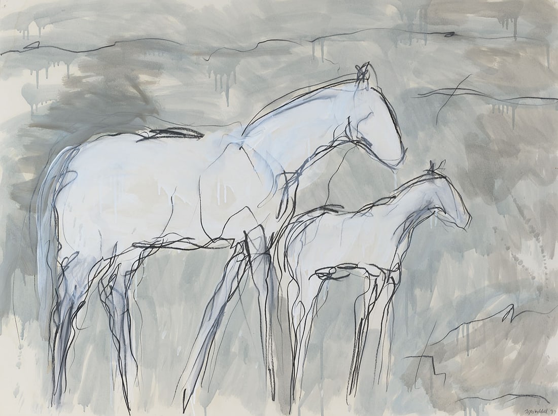 Theodore Waddell (b. 1942), Mixed Media on Paper, "Ennis Horses", Dr #7, 1997: Rendered in the artist's signature gestural line and tonal abstraction, this work exemplifies Waddell's modern Western aesthetic--merging expressive mark-making with the quiet minimalism of the Montan