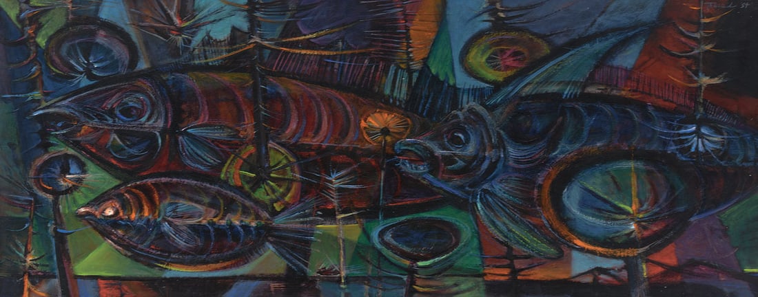 Wayne Thiebaud (1920-2021), Oil on Board, "Fish Composition", 1954: Signed and dated ‘Thiebaud ‘54’ upper right corner. An early work by Wayne Thiebaud, executed in 1954 during his formative California period prior to his emergence as one of America's leading pa