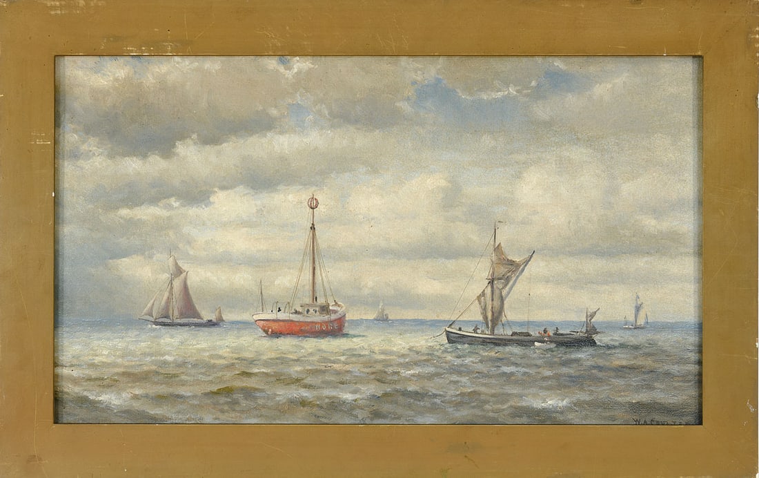 W.A. Coulter (1849-1936) -- Coastal Marine Scene with Workboat and Sailing Vessels: Oil on canvas depicting a coastal marine scene with an orange-hulled workboat at mid-foreground, its short mast and compact wheelhouse characteristic of the utilitarian harbor craft active along the P