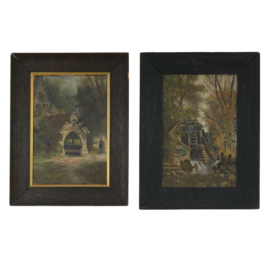 Edwin Deakin (American, 1838-1923) -- "The Old Mill" and "Cloister Gateway" (Pair of Paintings): Oil on canvas. The Old Mill depicts a rustic watermill set along a rocky stream beneath early autumn foliage, while Cloister Gateway presents a serene architectural view of a stone lychgate and adjoin