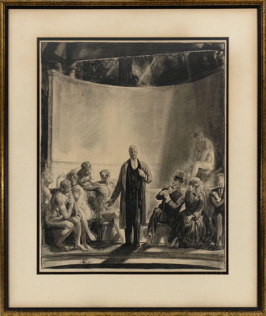 George Bellows (1882-1925) -- "Men Like Gods" (Drawing): A charcoal drawing by George Bellows, depicting a dramatic tableau of seated nude models, clothed observers, and a central standing figure addressing the assembled group beneath a large white backdrop