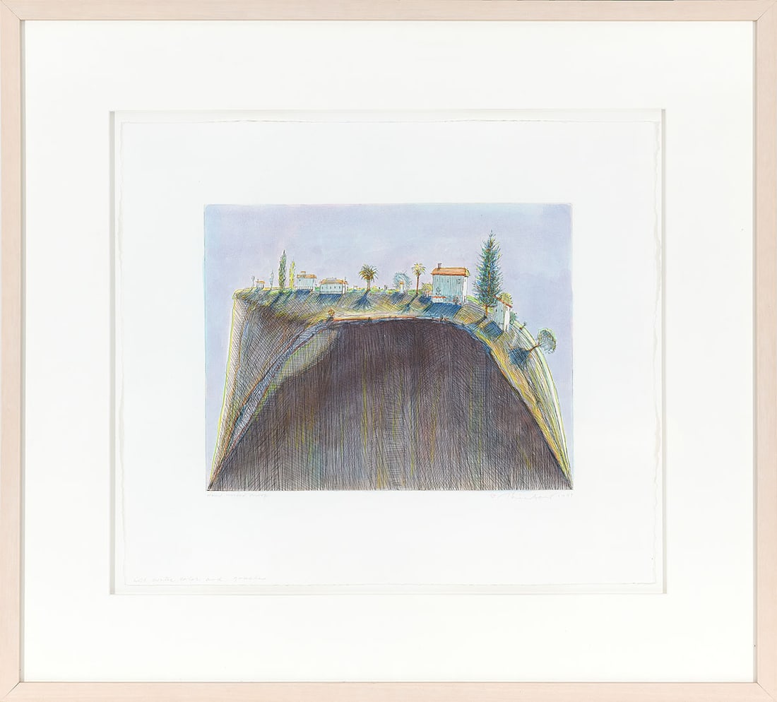 Wayne Thiebaud (1920-2021) -- Hand-Worked Proof: Hillside with Watercolor and Gouache: A mixed-media, hand-worked proof combining etching with watercolor and gouache, signed lower right ("Thiebaud 1997") and inscribed "Hand worked proof" and "with watercolor and gouache" in the lower ma