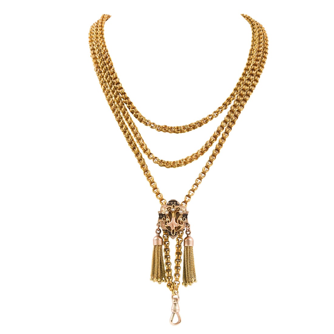 14K Yellow Gold Watch Fob Chain with Tassels and Seed Pearls, 54.5 Grams: 14K yellow gold watch fob chain measuring 60 in. long and weighing 54.5 g. The bolo section is adorned with decorative tassels and three (3) seed pearls, adding a refined Victorian flourish to its cla