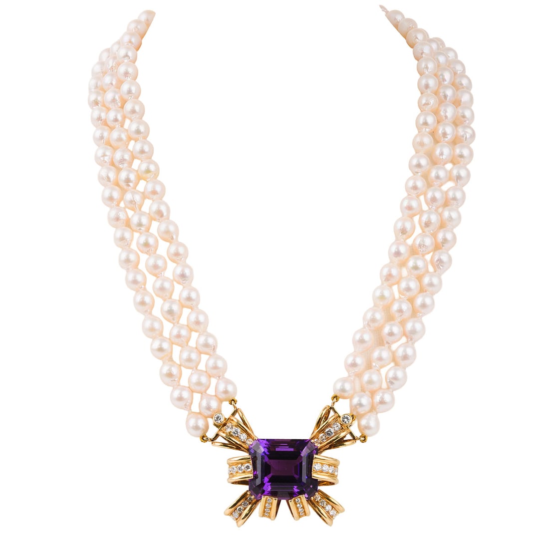 14K Yellow Gold Pendant with Amethyst and Diamonds on Multi-Strand Pearl Necklace: 14K yellow gold pendant set with an approximately 37.05-carat emerald-cut amethyst accented by thirty-two (32) round and baguette-cut diamonds totaling approximately 0.64 carats, VS1-VS2 clarity, H-I