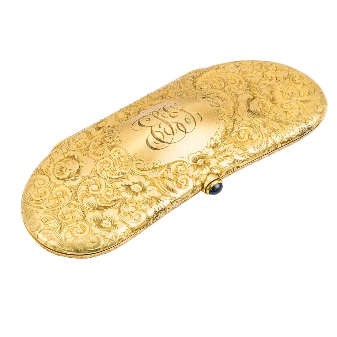 14K Yellow Gold Victorian Spectacles Case, 45.6 Grams: Elaborately engraved 14K yellow gold spectacles case with scrolling foliate designs and a cabochon-cut sapphire thumbpiece, monogrammed on one side and inscribed inside "E. F. Jackman, Pittsburgh, Pa.
