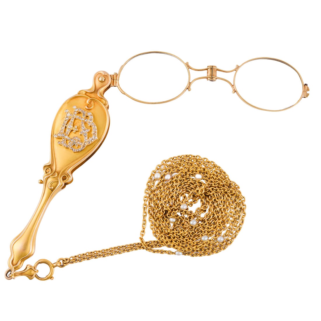 18K/14K Yellow Gold Retractable Spectacles with Chain: 14K yellow gold retractable lorgnette with rose-cut diamonds set in a monogram motif on the front, the reverse engraved with script initials. Attached to an 18K yellow gold link chain interspersed wit