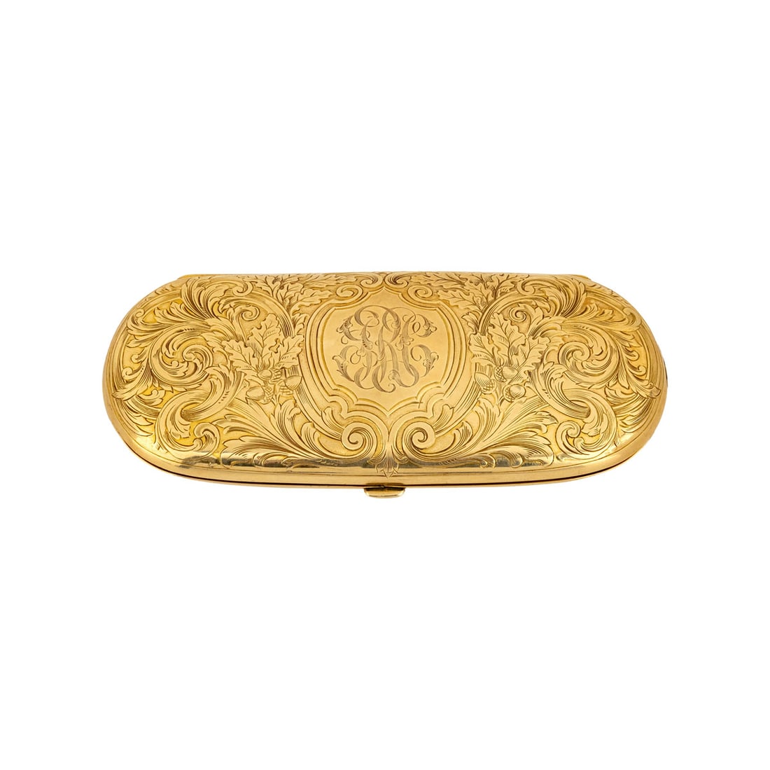 14K Yellow Gold Spectacle Case Monogrammed "JRC" and Inscribed "J. Ross Clark 710 W.": Hand-engraved 14K yellow gold spectacle case featuring ornate scrolling foliate and acanthus decoration with a central cartouche monogrammed "JRC." The interior, lined in dark blue velvet, is engraved