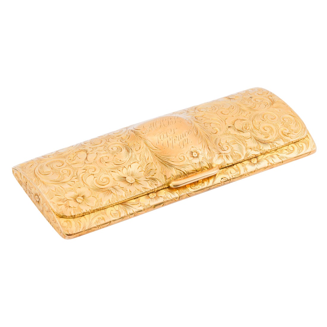 18K Yellow Gold Spectacle Case: Hand-engraved 18K yellow gold spectacle case, the exterior richly decorated with scrolling floral and foliate motifs surrounding an oval cartouche inscribed "1914 Spruce St." The interior retains its