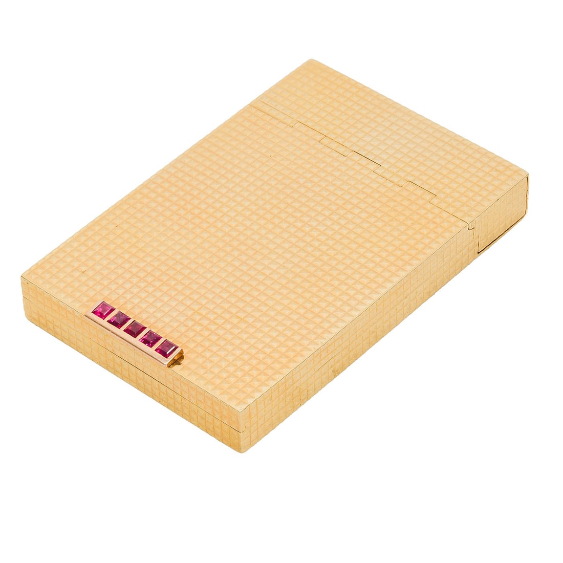 14K Yellow Gold Compact / Lipstick Case with Rubies: Rectangular 14K yellow gold compact and lipstick case with diamond-pattern engine turning throughout, the clasp set with a row of five square-cut rubies totaling approximately 0.25 carats. The hinged