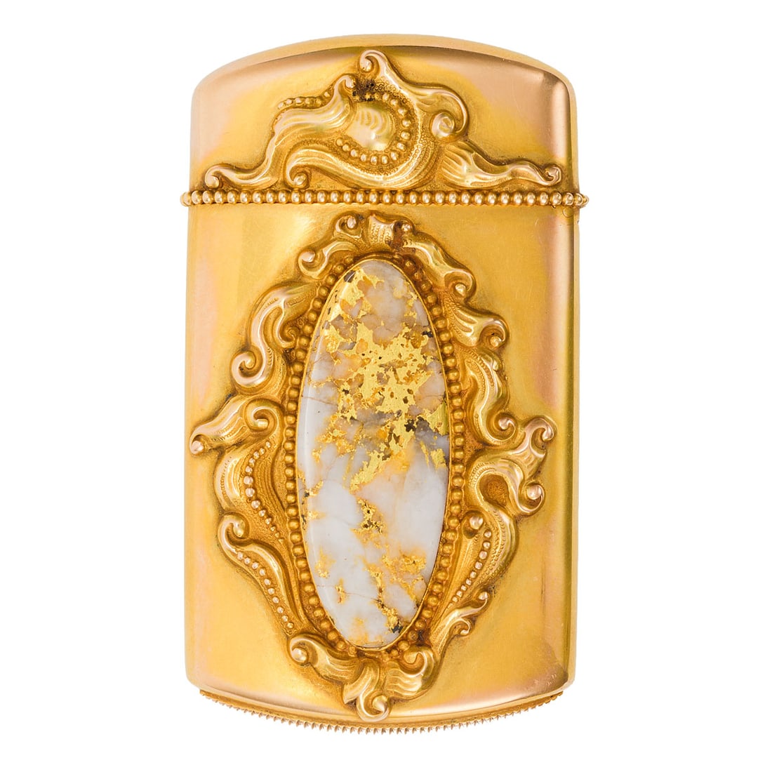 14K Yellow Gold Match Safe with Gold Quartz Inlay, Shreve & Co., San Francisco: 14K yellow gold match safe (vesta case) by Shreve & Co., San Francisco, featuring an inset oval cabochon of natural gold-in-quartz within a scrolling rococo-style frame. The reverse is engraved with