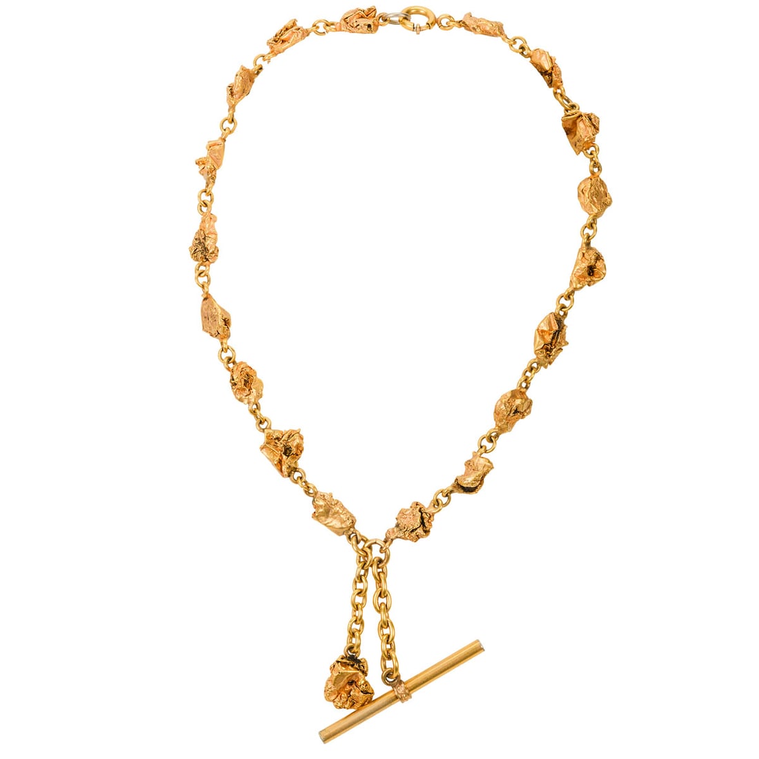 14K Yellow Gold Nugget-Style Watch Fob Chain: 14K yellow gold watch fob chain in a California Gold Rush revival style, composed of textured, irregular links inspired by natural gold nuggets, joined by short connector links and fitted with a bar a