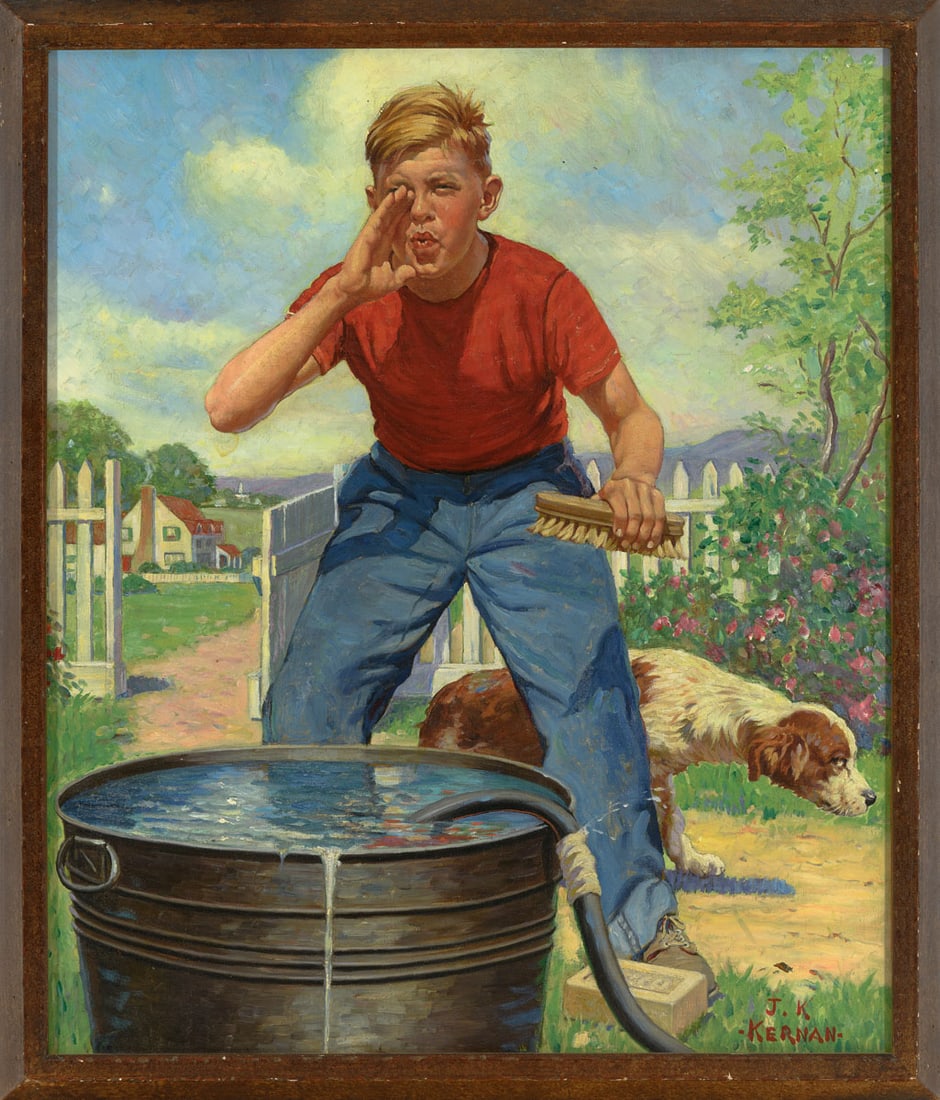Joseph Kernan (1878–1958) Painting, Bathing the Dog: Oil on canvas signed lower right, depicting a lively Americana scene by noted illustrator Joseph Kernan, celebrated for his humorous and nostalgic portrayals of American life. A young boy calls out wh