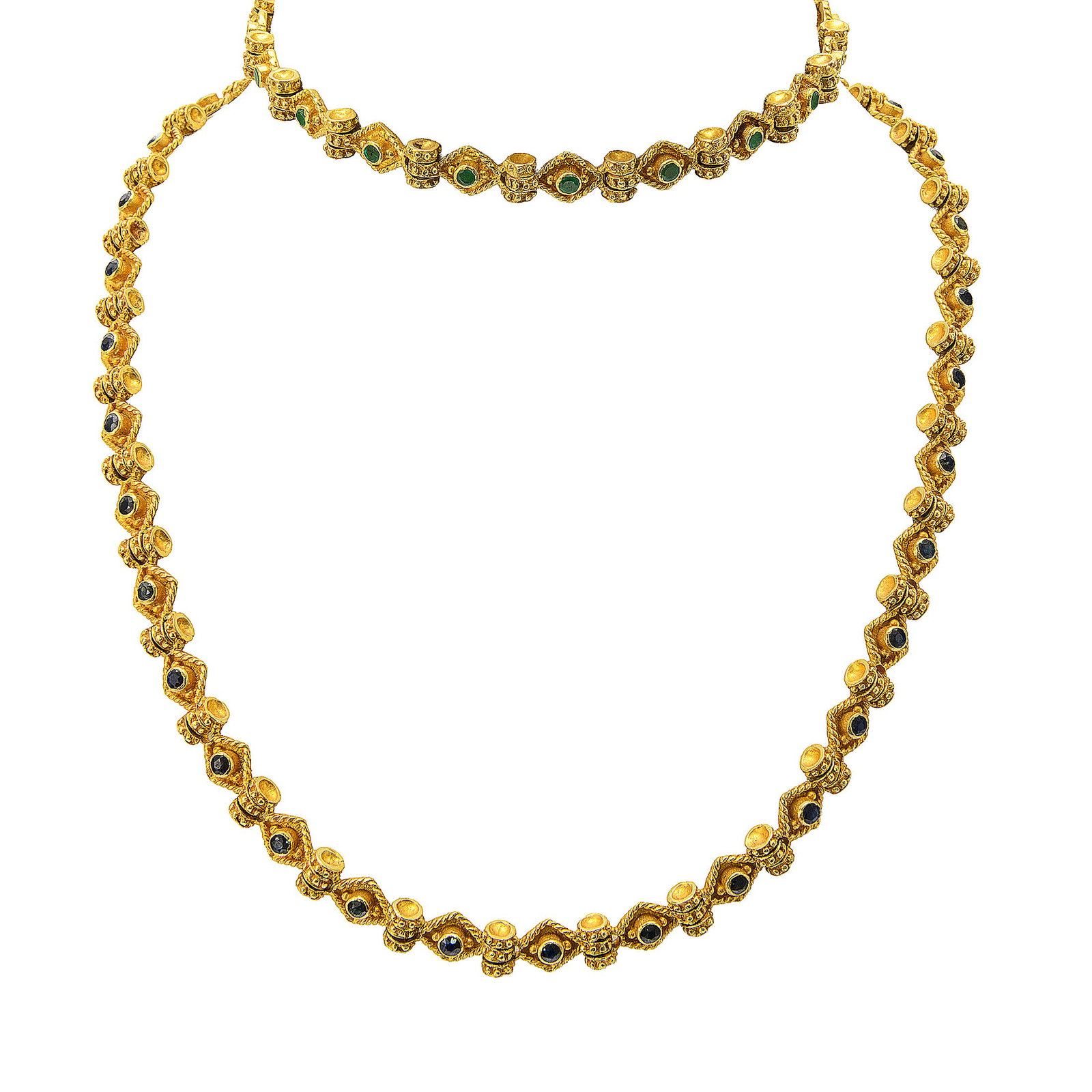 18K Gold Necklace and Bracelet with Sapphires & Emeralds, 65 Grams: Matching 18K yellow gold necklace and bracelet suite of articulated design, each composed of alternating rope-twist and beaded links. The necklace is set throughout with round-cut sapphires, while the