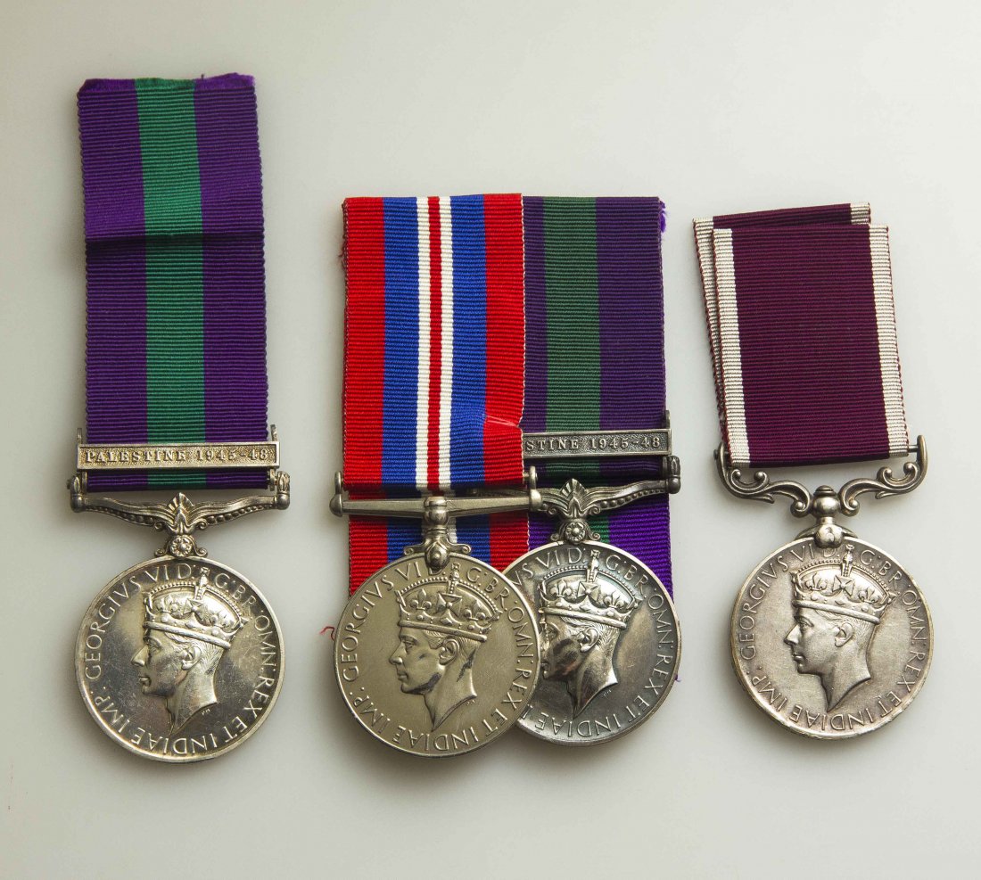 General Service Medal Bar "Palestine 1945-48," Plus an: 1. GSM bar Palestine 1945-48 to AS29985 Private K. Leneko, A.B.C. 2. Indian LS+GC Geo VI to 96872 Sepoy Abdul Karin 201-1 Punjab R. 3. Pair of medals, WWII War Medal and GSM Geo VI bar “Palestine”