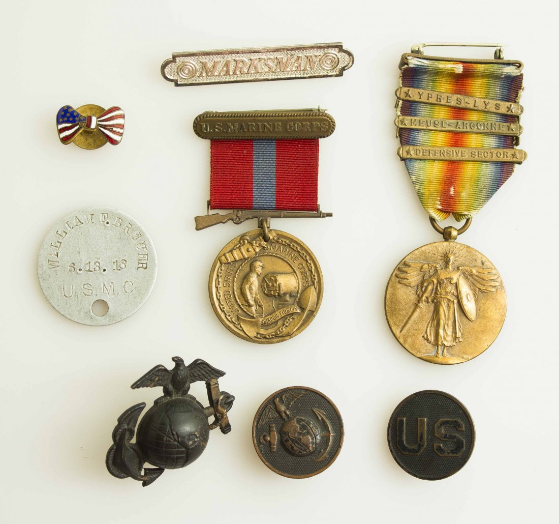 U.S. Marine Corps WWI Grouping with original EGA Collar: William F. Brewer 460756, 5th Regt. and Machine Gun Co. consisting of: dogtag with name Breuer, numbered good conduct No 52173; a WWI Medal 3 bars “Ypres-Lys, Meuse-Argonne, Defensive Sector;” a p