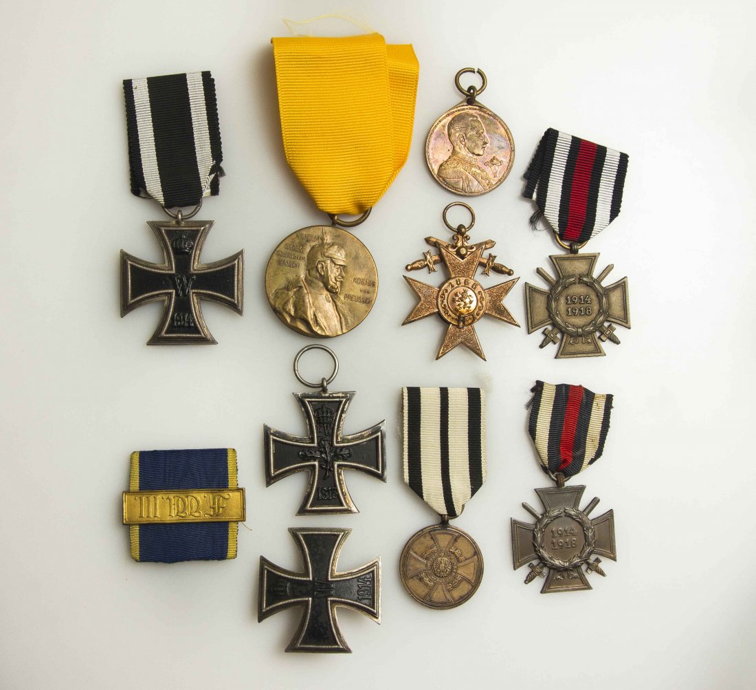 Imperial German Medals and Decorations: Lot including 1914 Iron Cross 1st Class, marked “800”; 1914 Iron Cross 2nd class, no ribbon; 1914 Iron Cross 2nd class; Wilhelm I Centennial Medal, 1897; Bavarian Merit Order with swords, copper, 