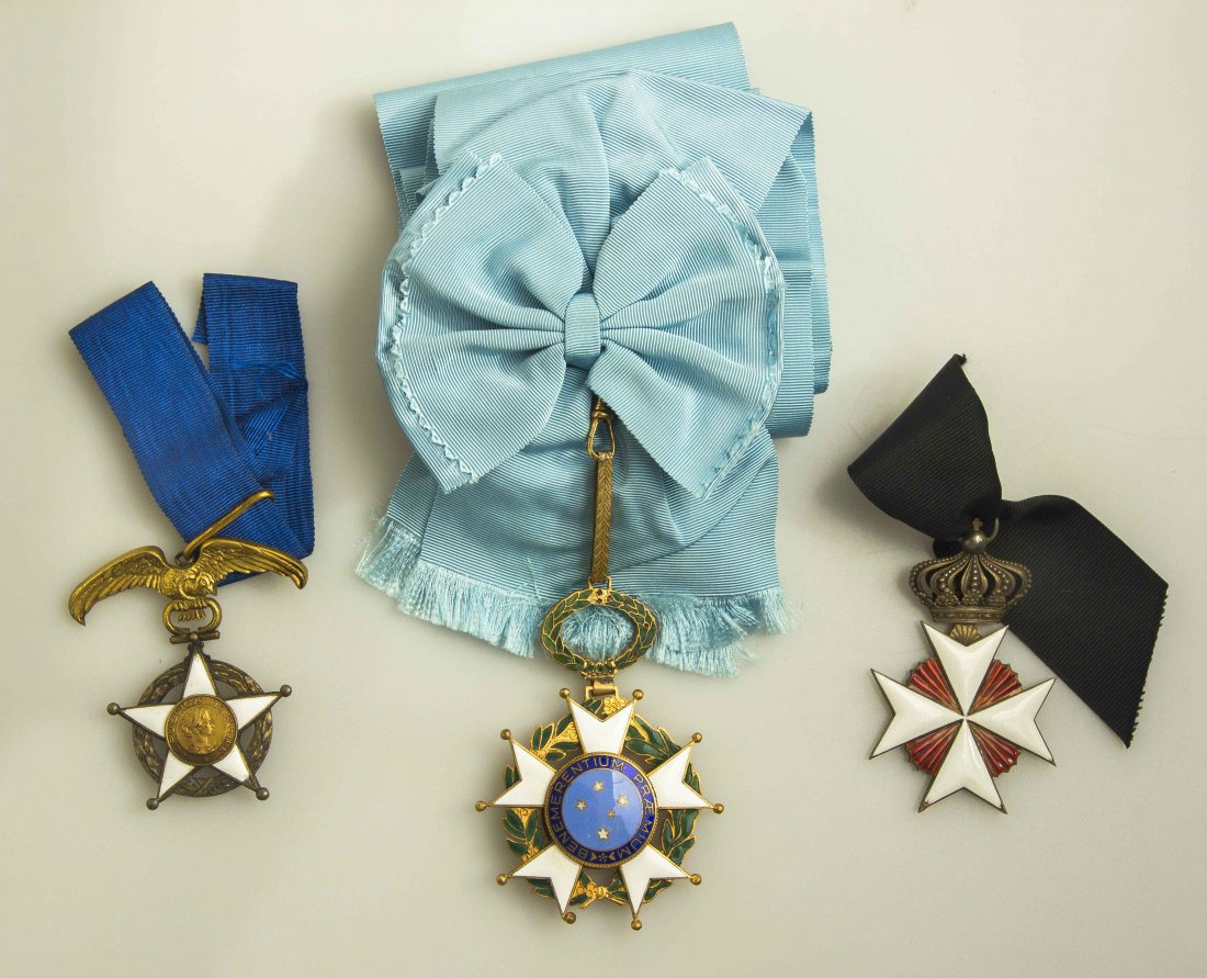 South American Orders: Brazilian Order of the Souther Cross Sash and badge type 2; Chilean Order of Merit neck badge; Order of St. John of Jerusalem neck badge on partial ribbon, red enamel rays between arms, superb enamel.