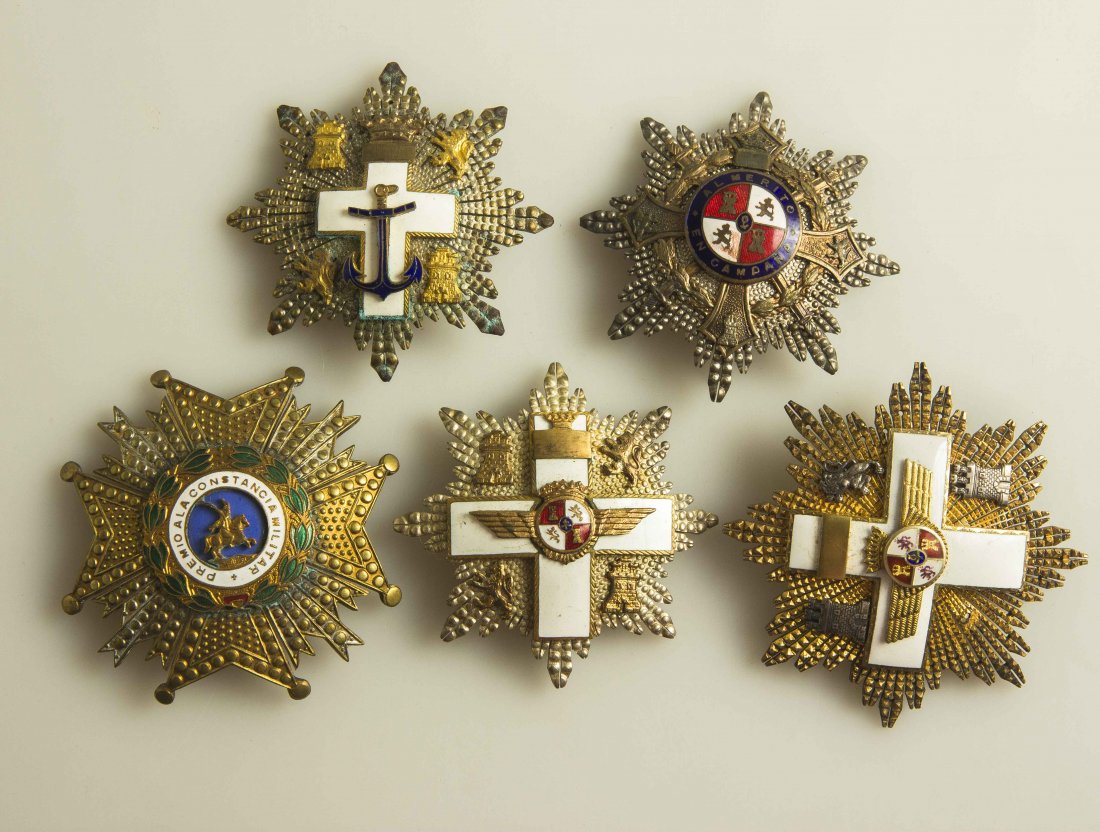 Spanish Orders: Order of St. Hermenegildo breast badge, knight of the 2nd class; Order of Naval Merit, non-combattant, breast badge in silver; Order of Cambodia neck badge missing ribbon, in silver gilt; Austria Mili