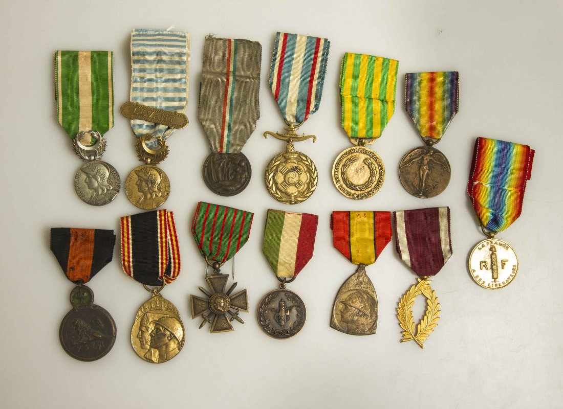 European Medals: 1 French Colonial Medal, Levant reverse, bar “Levant”; French Dardanelles Medal; French Croix de Gurre 1914-1918; French Indochina Medal; French Liberation Medal; French Korea Medal; Belgian WWI V