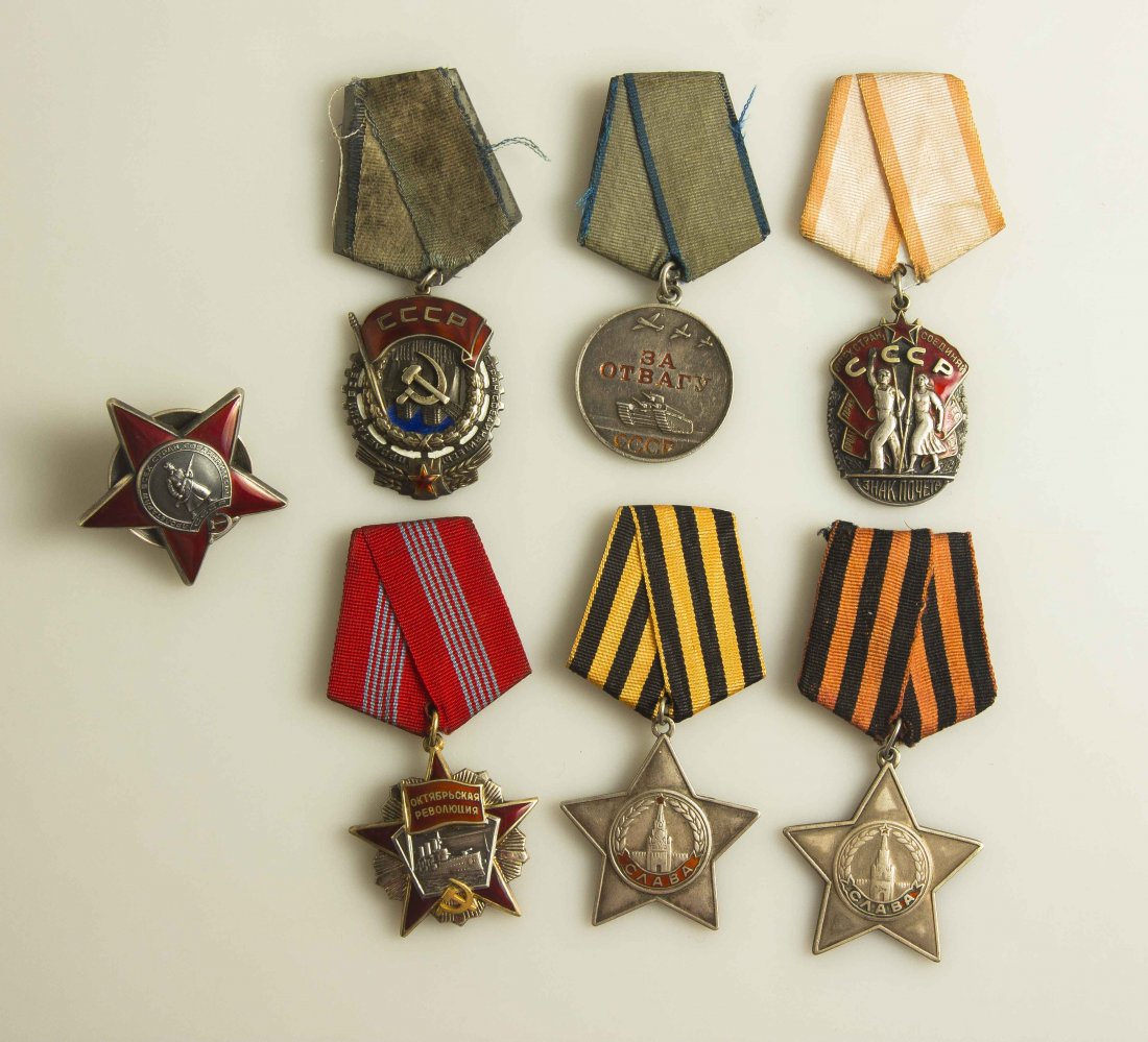 Soviet Russian Orders and Medals: Order of Glory numbered: 287361; Order of Glory numbered: 743521; Order of the Red Star numbered: 3250613; Order of the October Revolution numbered: 99624; Order of the Red Banner of Labor numbered: 1