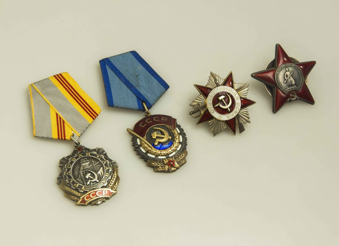 Soviet Russian Orders and Medals: Order of Glory of Labor 2nd Class numbered: 341234; Order of the Patriotic War 2nd class numbered: 5429663; Order of the Red Star numbered: 2993134; Order of the Badge of Honor numbered: 456943. Pleas