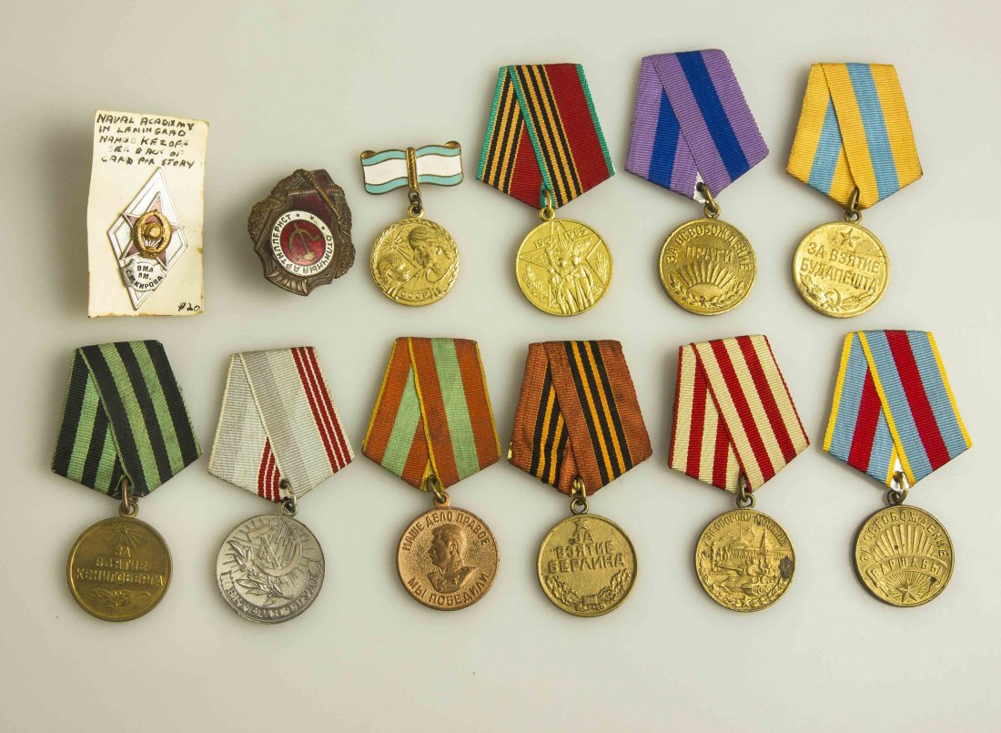 Soviet Russian Medals and Badges: Soviet Medal for the Defense of Moscow; Medal for the Capture of Berlin; Medal for the Capture of Konigsburg; Medal for the Liberation of Warsaw; Medal for the Liberation of Prague; Medal for the Capt
