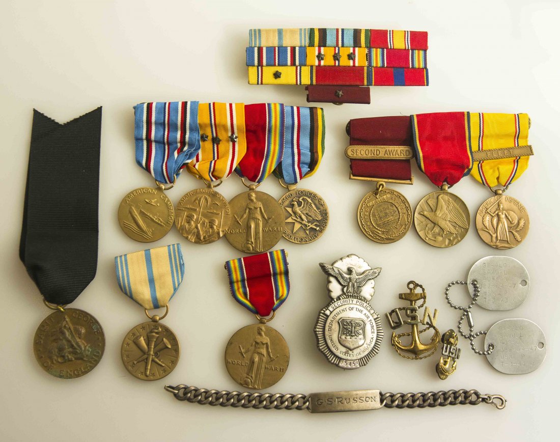 U.S. Medals, Groups and Singles, Including World War II: Medal U.S. Navy group to: Gerald Samuel Russon 1942, U.S. Navy Good Conduct Medal with 2nd Award bar; Navy Reserve Medal; American Defense Medal with bar “Fleet”; American Campaign Medal; Asiatic-
