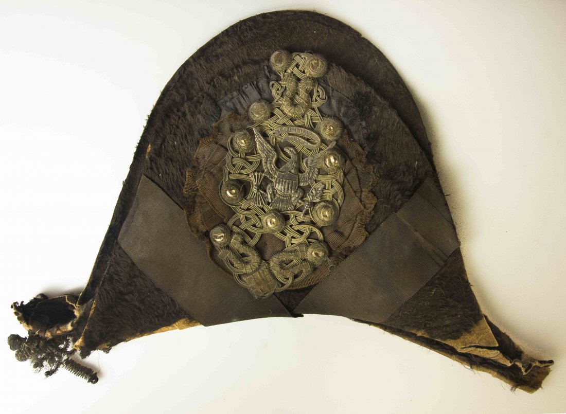 U.S. Army Chapeau-de-Bras Fore and Aft Hat Circa 1820: With exceptional wire embroidery, silver plated eagle badge. Please note we do not accept credit cards. Processing and shipping within the continental U.S. $36.00 plus 1.5% replacement cost insurance 