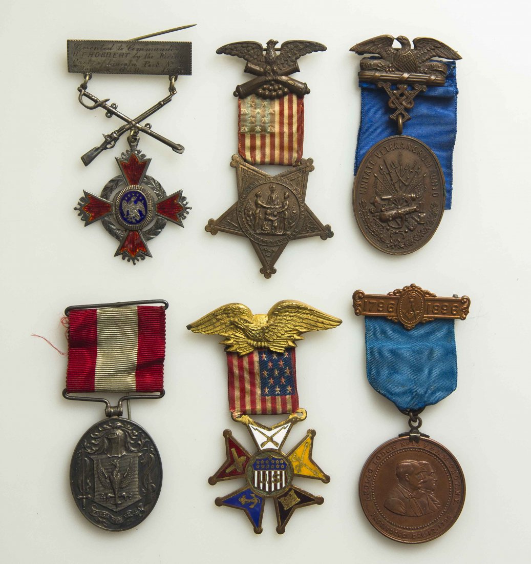 Superb Group of G.A.R. and Veterans Medals to One Man: Beautiful silver cross with eagle at center, suspended from crossed rifle and sword, brooch engraved: “Presented to Commander H.T. Hobart by the Firing Party of Lincoln Post No. 1, G.A.R., Jan 1884-
