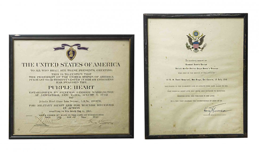 Certificates For Death In War Service: 1. Purple heart Certificate to PFC John Weisser who died as the result of wounds received in action on May 6 1943 and signed by Henry L Stinson, Secretary of War. 2. Large “In Grateful memory” cer