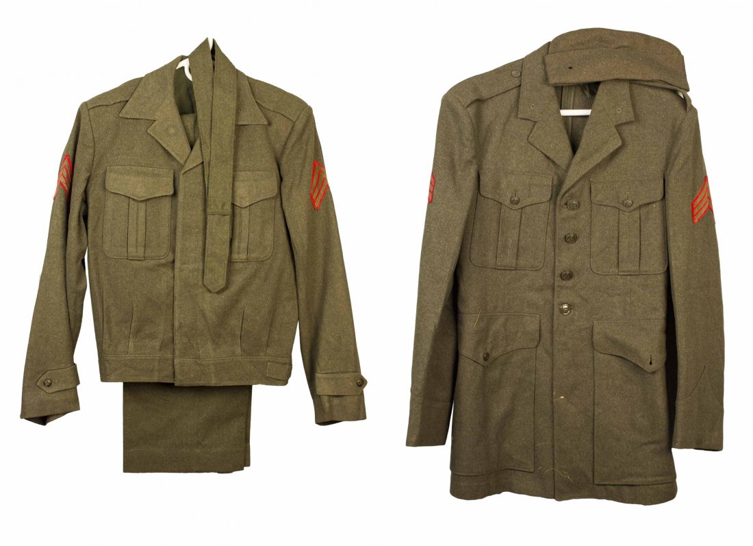 2 U.S.M.C. Green Uniforms: 1. “Ike” jacket to sergeant with trousers named to C.M. Sable with no collar badges. 2. Jacket named to Williams with cap. Enlisted jacket, sergeant’s stripes, no collars. Please note we do not 