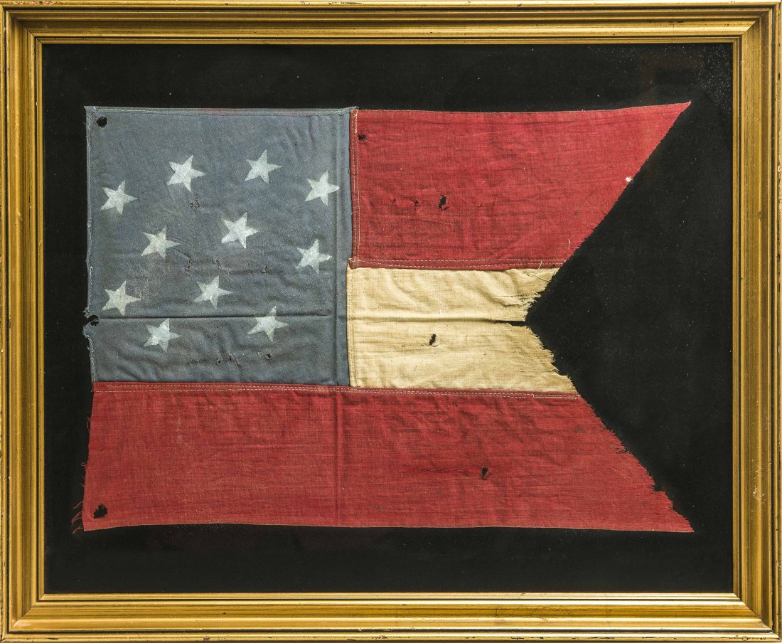 Framed Confederate “Stars and Bars” Cavalry Guidon: This is clearly an older piece but whether it is original to the Civil War or made for reunion we cannot tell without removing it from it’s frame. The stars are printed which suggests post-Civil War