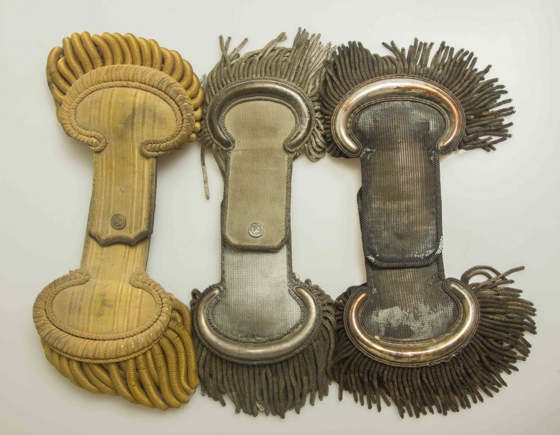 3 Pairs of U.S. Metal Wire Brush Epaulets: 1. Tarnished silver wire brush epaulets probably of an 1830’s Infantry officer. 2. Naval Officer’s gold colored brush epaulets, post-Civil War made in France. 3. 1830’s or earlier silver colored