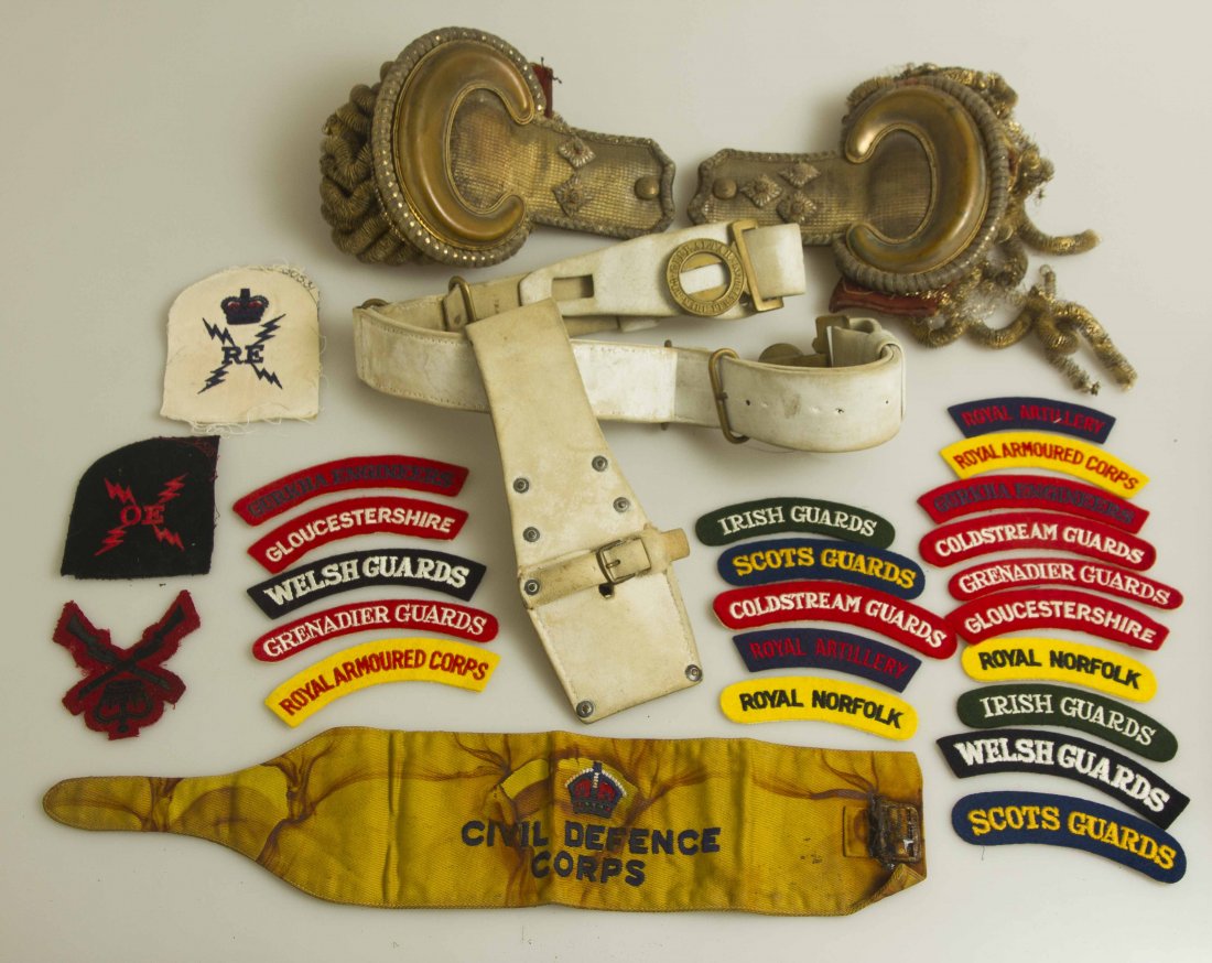 Lot of British Militaria Including a Royal Marine White: 1. Very fine Royal Marine white buff belt, buckle and bayonet frog circa 1910. Buckle with King’s crown and “Gibraltar” on the wreath. There is a name and number on the back showing the man was 