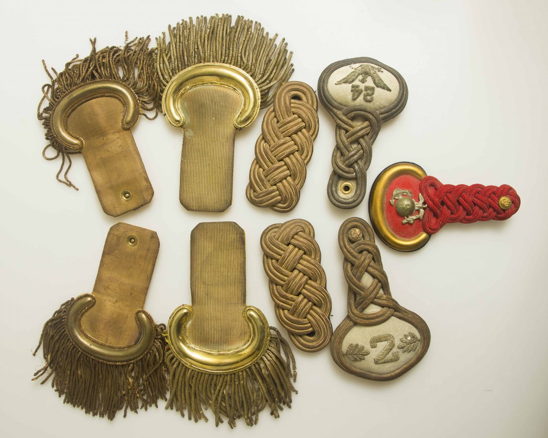 3 Pairs of Epaulets With 3 Interesting Singles: 1. Pair of older gold colored braid brush epaulets probably circa 1830, both with name “G.S. Pease” written on undersides. Undersides are lined with yellow cloth. 2. Another similar pair. 3. Pair 