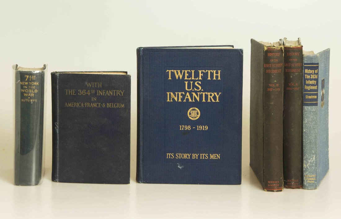 Group of Scarce WWI and WWII Unit and State Histories: 1. Seventy-First New York in the World War by Robert Stewart Sutliffe autographed by the author. Printed by the Regiment, 1922. Narrative of the Regiment through WWI. 2. With the 364th Infantry in Ame