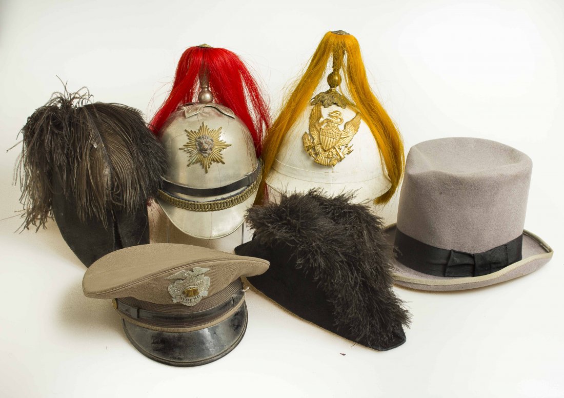 Grouping of Hats and Shakos Both Military, State and: 1. California State Police peaked cap and badge. Large nickel badge with California Golden Bear and enameled name “Young.” 2. Fraternal fore-and-aft hat by M.C. Lilley with plume and velvet bows. 