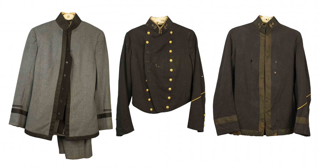 3 Older U.S. Cadet Uniforms: 1. West Point Cadet Service Dress tunic and 2 pairs of trousers named on a Warner Brothers Studio label to Ralph Hubbard, a 1940’s studio contract actor. Two pairs matching trousers. 2. Annapolis U.