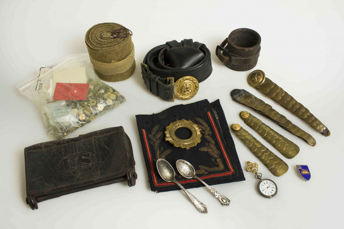 Box of Excellent U.S. Militaria From Various Periods: 1. U.S. Navy Officer’s sword belt and slings, circa 1930. 2. Pair of enlisted Army puttees wrap leggings, olive drab wool. 3. Makeover box, cartridge box for U.S. Springfield .45-.70 Rifle. 4. 2 pai